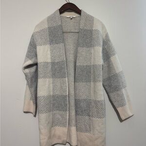 Splendid 100% Cashmere Cream & Gray Plaid Open Cardigan Sweater Size Small